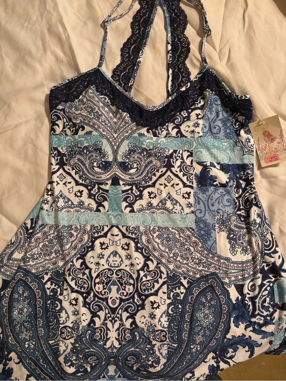 Women's S/P Blue Paisley Halter Sleep Chemise with Lace Trim